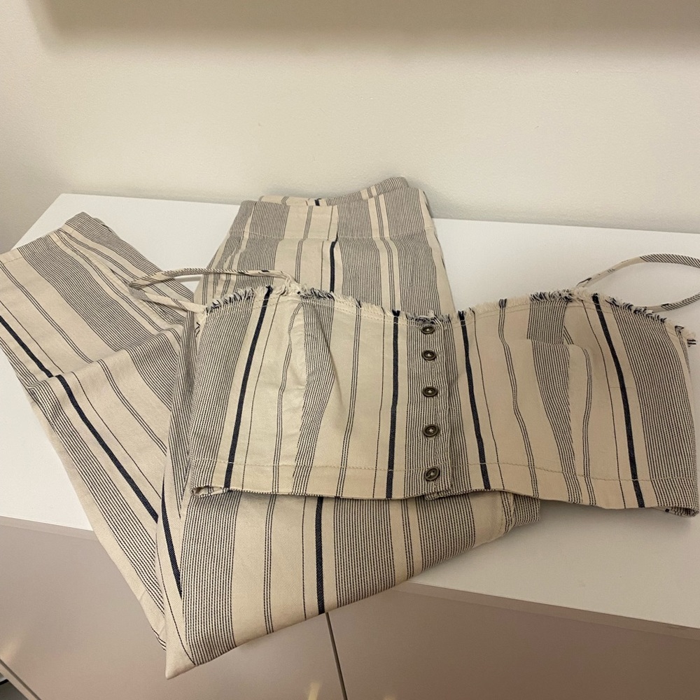 Free People ivory/white & blue striped crop top pant SET size small